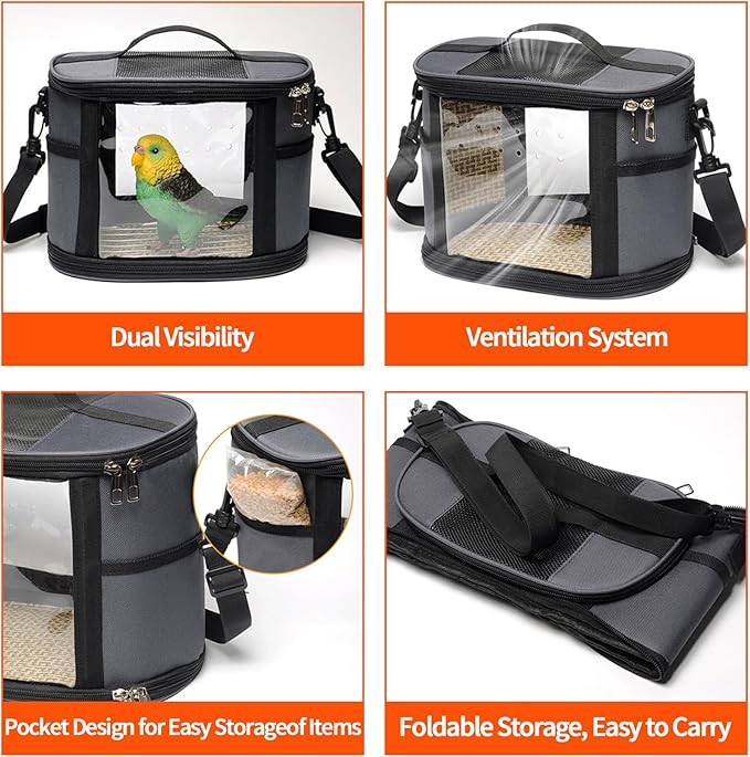 Bird Travel Carrierm, Small Bird Travel Backpack Carrier Cage with Tray and Breathable Clear Window, for Parakeet Cockatiel Budgies, for Camping Hiking (Large-Pink)