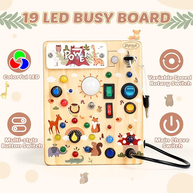 Joyreal Wooden Busy Board for Toddlers - Montessori Toys for 1 2 3 Year Old | Wooden Sensory Board, Sensory Learning Activity, Toddlers Activity Travel Toys for Boy & Girl Birthday Gift (Forest Theme)
