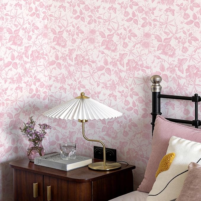 JiffDiff Floral Vintage Wallpaper Peel and Stick，Pink Rose Wallpaper Removable