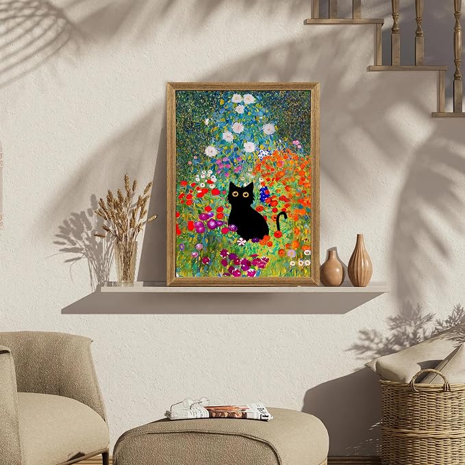 Fantasy Artists Gustav Klimt Canvas Wall Art, Framed Aesthetic Cat Floral Wall