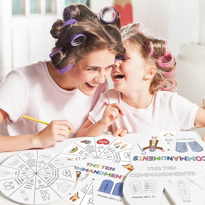 COcnny Ten Commandments Coloring Craft - 48 Sets Color Your Own Religious Art Wheel Kit for Kids, 10 Commandments DIY Craft Art Cards for Sunday School Christian Home Classroom Activities VBS Supplies