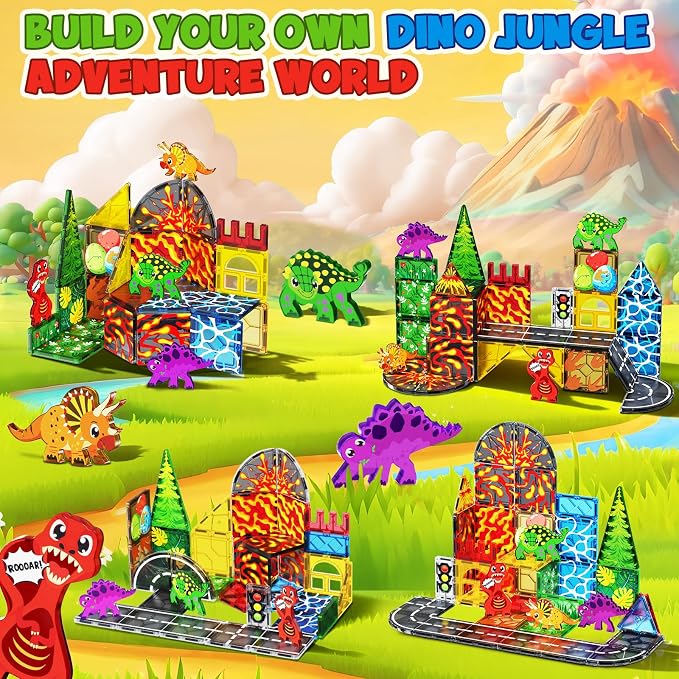Magnetic Tiles with 4 Dinosaur Toys - Dino Magnet Tiles for Kids, Magnetic Building Blocks for Boys Girls Ages 3+, Sensory Toddler Creative Games Birthdays Gifts