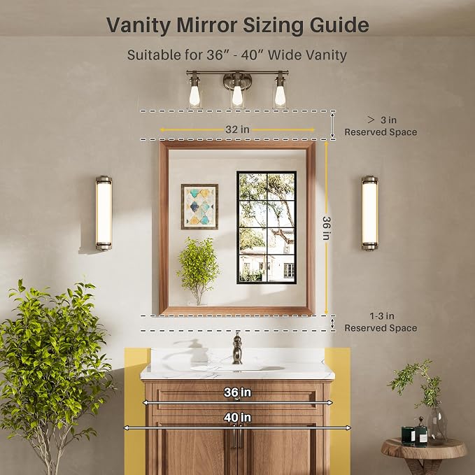 36x32 Inch Bathroom Mirror for Wall, Anti-Rust Walnut Wood Grain Metal Framed