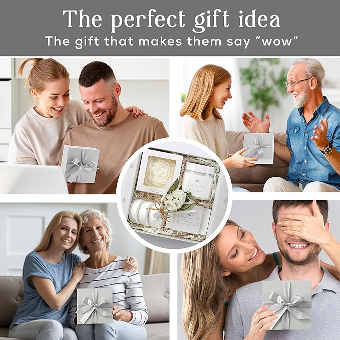 Sweet Coconut Small Spa Gift Set for Women – Relaxation Gift Basket with Candle, Soap, Salt Scrub & Shower Steamers – Unique Birthday, Bridal Shower, Christmads, Thank You & Self Care Gifts