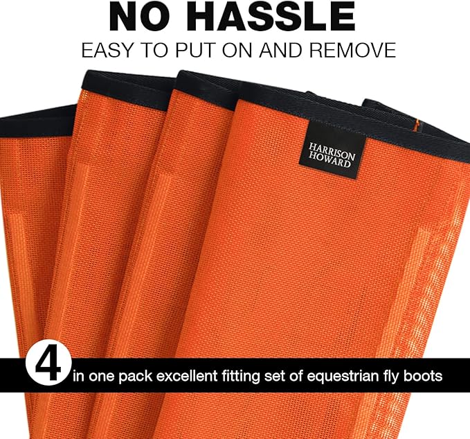 Harrison Howard Loose Fitting Fly Boots UV-Protective Extra Tough Mesh Ventilated Four Fasteners Stay-on Design Protect Horse Legs & Stomp-Reducing Set of 4 Orange Large