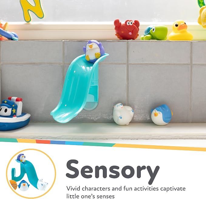 Nuby Penguin Slide Bath Toy Play Set with 4 Bath Squirters - Baby Bath Toys for Boys and Girls 12+ Months - Suction Cup Toy Attaches to Shower Wall