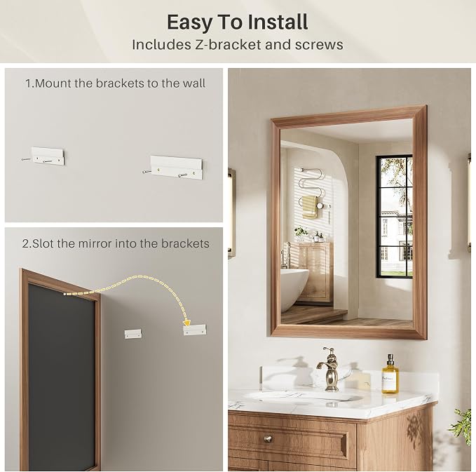 24x36 Inch Bathroom Mirror for Wall, Anti-Rust Walnut Wood Grain Metal Framed