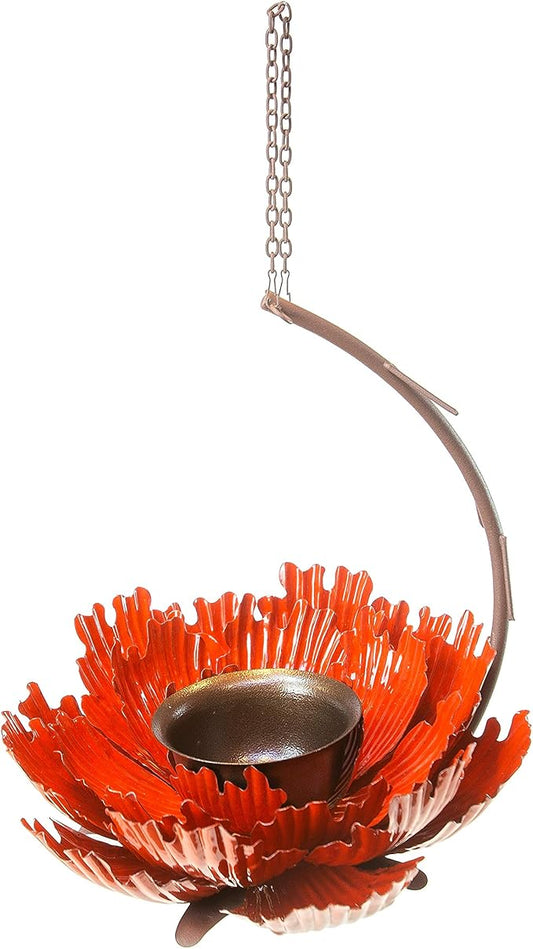 Desert Steel Coral Sunset Peony Hanging Feeder - (Orange - 9”W x 11.5”H) - Loose Seed Metal Birdfeeder