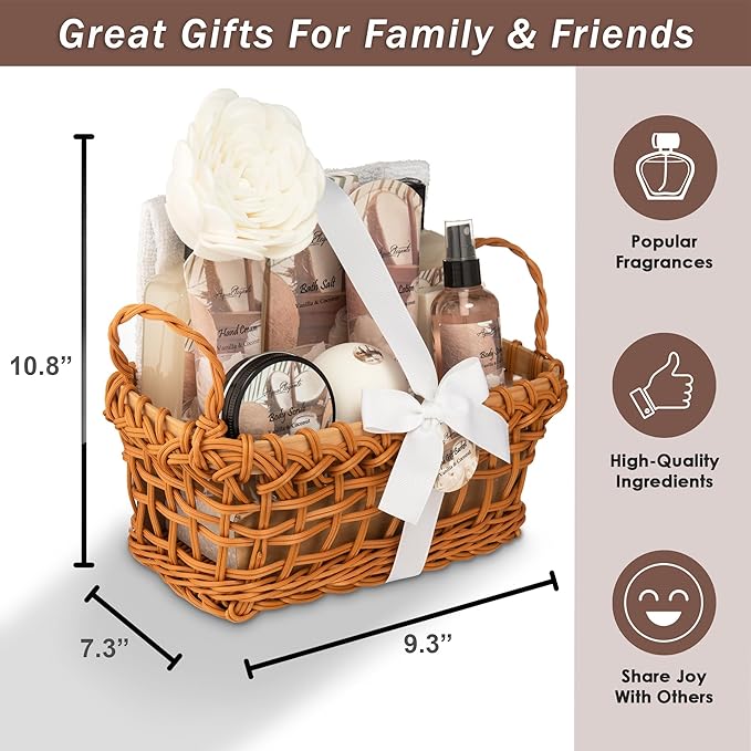 Spa Baskets For Women - Luxury Bath Set With Coconut & Vanilla - Spa Kit Includes Wash, Bubble Bath, Lotion, Bath Salts, Body Scrub, Body Spray, Shower Puff, Bathbombs, Soap and Towel