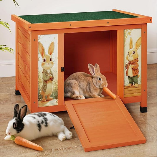 COZIWOW 24 Inch Rabbit Hutch Outdoor, Weatherproof Cat House, Bunny Cage Indoor with Non-Slip Ramp, Portable Wooden Shelter for Rabbits, Feral Cats, Chicken, Duck & Other Small Animals (Orange)