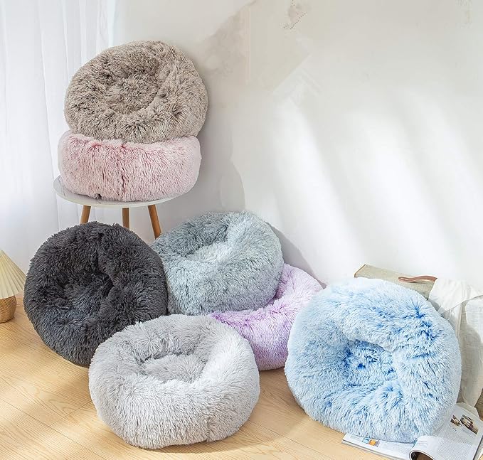 Calming Dog Bed X-Large, Soft Round Cuddler Dog Beds Fluffy Plush Faux Fur Pet Beds, Anit-Anxiety Self-Warming Comfy (32", Deep Blue)