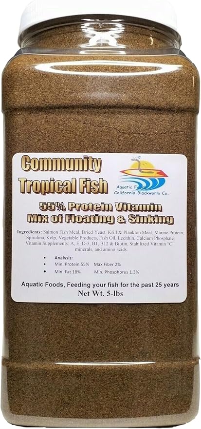 Aquatic Foods Inc. Community Tropical Fish Food, 55% Protein Vitamin Rich Floating/Slow Sinking Granulars for Tetras, Guppies, Cichlids, Live Bearers, Pond Fish All Tropical Fish - 5-lb Large Jar