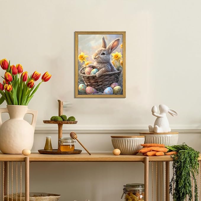 Easter Bunny Wall Art, Cute Rabbit Canvas Wall Decor Painting, Easter Eggs