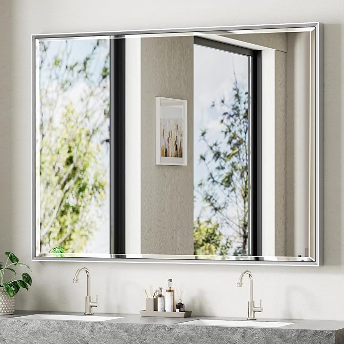 48 x 36 Silver Bathroom Mirror, Large Beveled Silver Bathroom Vanity Mirror