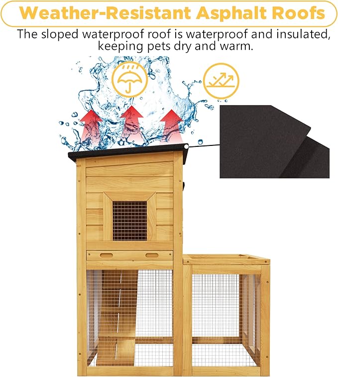 Large Wooden Bunny Rabbit Hutch Indoor Outdoor,Medium Elevated Chicken Coop for 2-4 Chickens,Poultry Pet Run Cage with Non-Slip Ramp & Removable Tray for Small-Medium Animals (Natural Wood)
