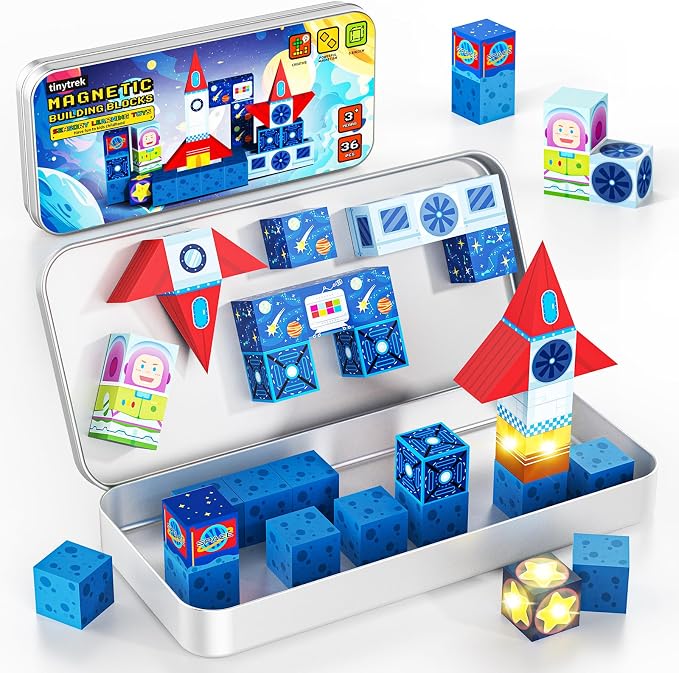 36 PCS STEM Learning Mini Magnetic Blocks Travel Set | With Portable Iron Storage Box&LED Light-Up Magnetic Cubes, Montessori Sensory Toys Gifts for Toddlers, Boys & Girls