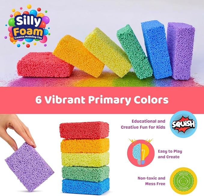 Silly Foam, Creative Modeling Foam Beads, 1-Pack of 6 Primary Colors, Easy Clean Up, Perfect for Preschool and Kids, Arts & Crafts, Sensory Play, STEM, Travel Toy, Holiday Gifts, Non-Toxic (Age 3+)