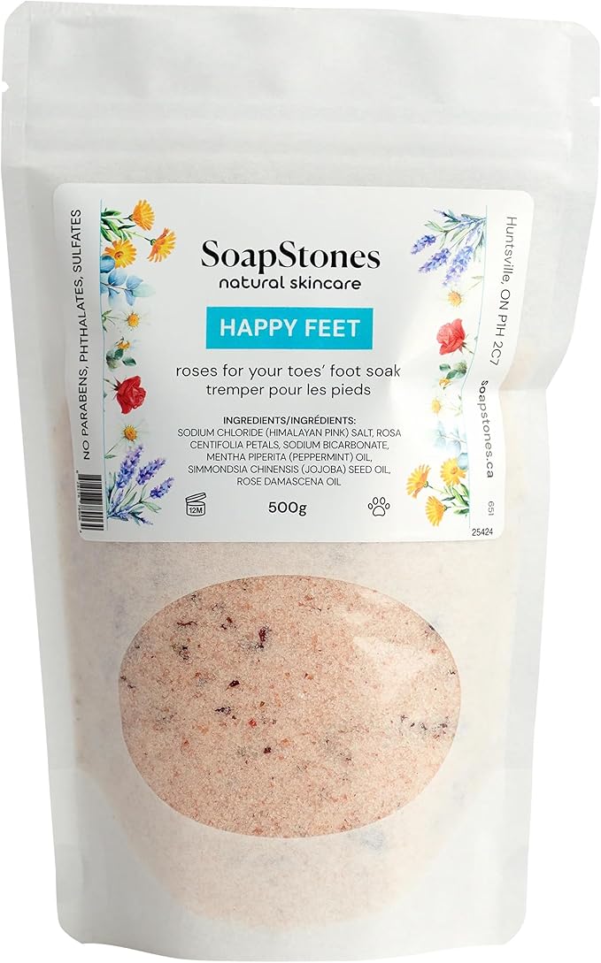 SoapStones Happy Feet Himalayan Foot Soak with Peppermint and Rose Oil, 500g - Detox Foot Bath & Skin Softener – Foot Soaking Salts for Tired, Swollen Feet Treatment & at-Home Spa
