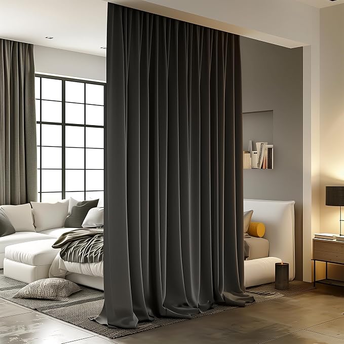 Room Divider Curtains for Ceiling Track Rod, 4.3 ft Wide x 10 ft Tall, Dark Grey