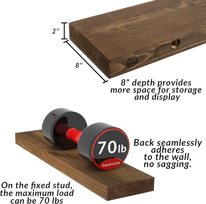 60 Inch Floating Shelves, 8-Inch Deep High-End Solid Wood Long Floating Shelves