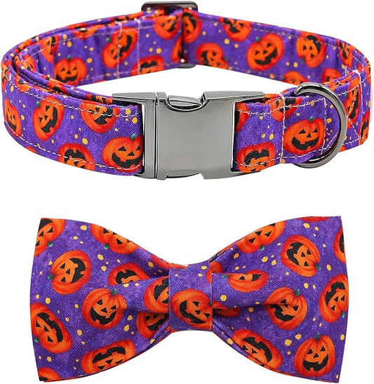 Dog Collar - Halloween Pumpkin Bowtie Pet Collar Gift Soft Bow Collar Pet Adjustable Metal Buckle Puppy Collars for X-Small Dogs