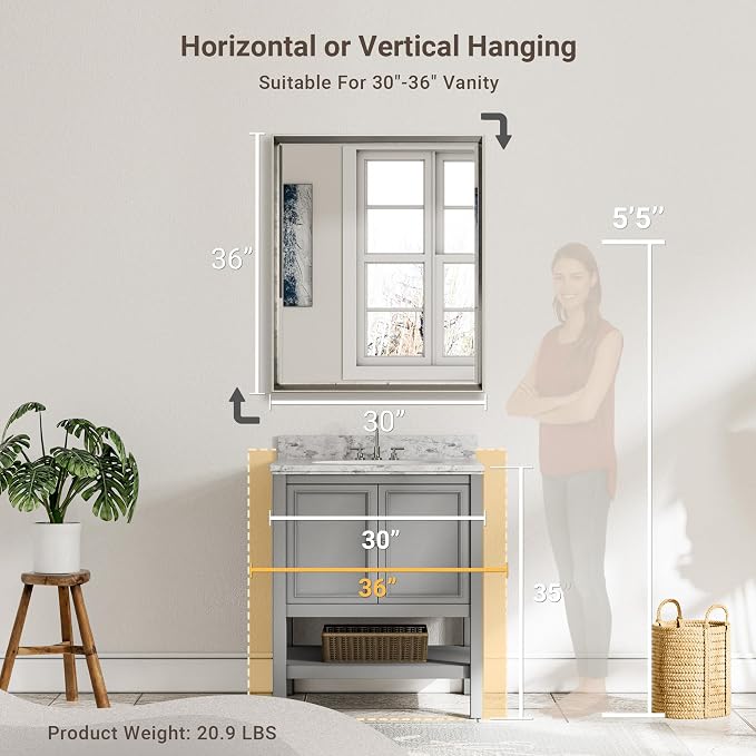 Brushed Nickel Bathroom Mirror, 30x36 Inch Beveled Framed Bathroom Mirror