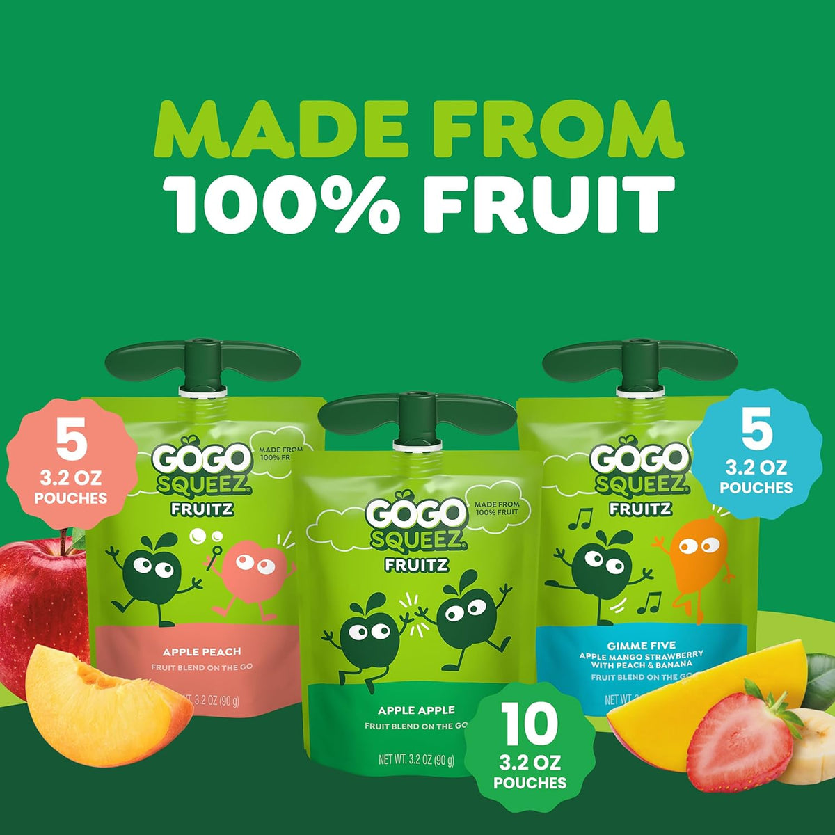 GoGo squeeZ Applesauce and Fruit Puree Variety Pack, Apple, Peach & Gimme Five!, 3.2 oz (Pack of 20), Unsweetened Fruit Snacks for Kids, Gluten Free, Nut Free, BPA Free Pouches (Packaging May Vary)
