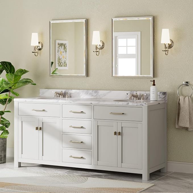 Brushed Nickel Bathroom Mirror, 24x32 Inch Beveled Framed Bathroom Mirror
