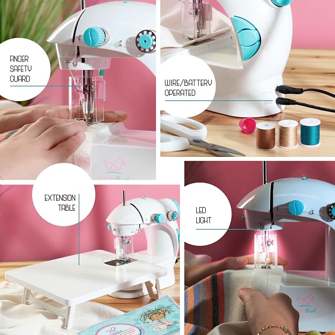 CraftBud Mini Sewing Machine for Beginners, Adults and Kids Sewing Machine | 48-Piece Sewing Kit Accessories, Portable, Dual Speed, Extension Table, Foot Pedal, Built-in Light, Guide Book & More, White