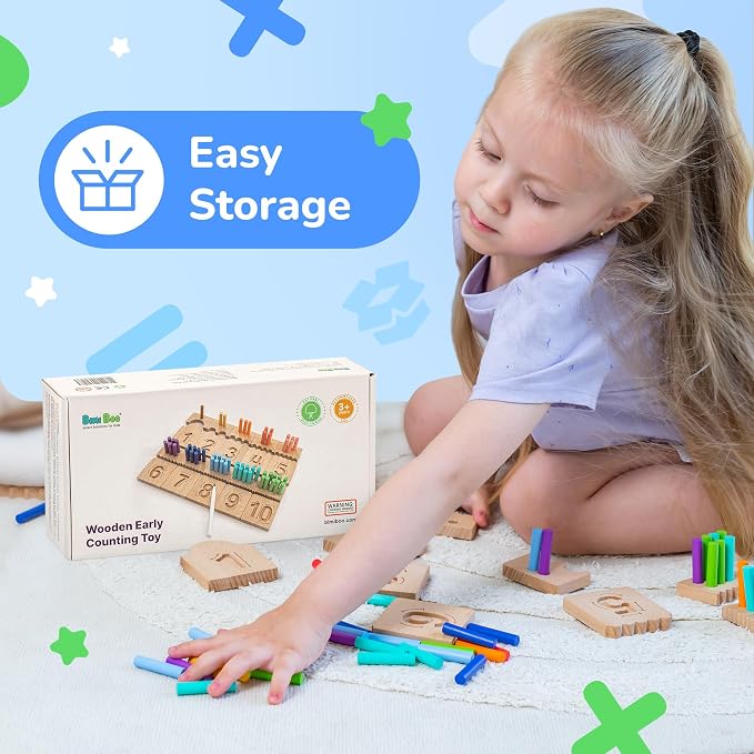 Peg Board for Toddlers - Wooden Counting Peg Board and Number Tracing Set, Montessori Math Toy for Preschoolers and Kindergarten (55 Pegs, 10 Boards, 1 Pencil)