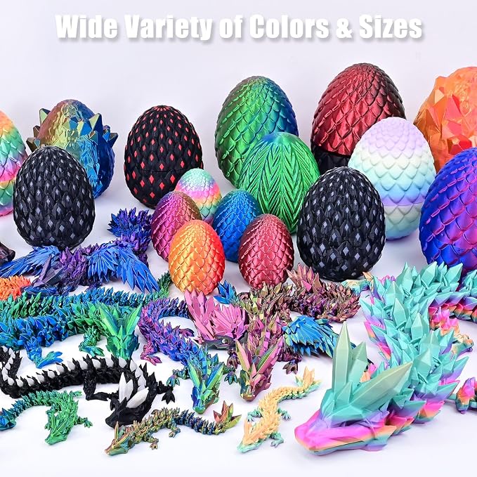 12" 3D Printed Dragon Eggs with Dragon, Articulated 3D Fidget Toys for Kids | Crystal 3D Dragon Toys for Boys Girls, 3d Printed Animals, Dino Dinosaur Eggs Toys, Easter Basket Stuffers（Red Yellow Blue）