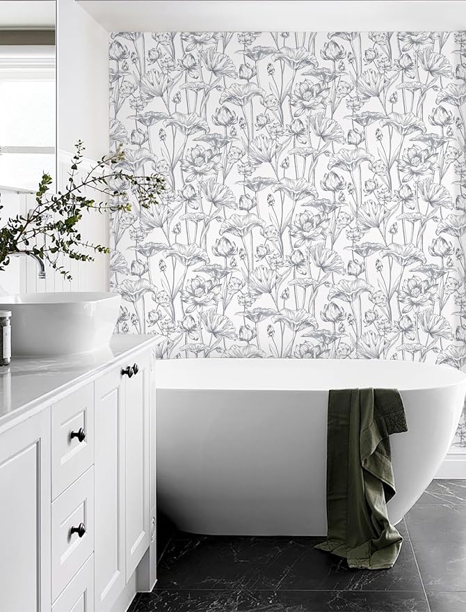 Timeet Floral Peel and Stick Wallpaper 16" x 197" White and Purple Wallpaper