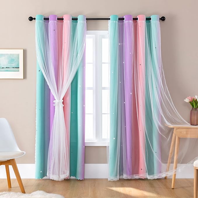 XiDi Curtains for Bedroom Decor, Rainbow PinkPuGreen-52-90