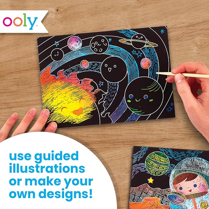 Ooly Scratch & Scribble Art Kit, 8 Cards, Sticker Sheet – Space Explorers | Ages 6+, Wooden Stylus and Stickers Included, Screen-Free Portable Car and Airplane Travel Activity, Gift for Kids