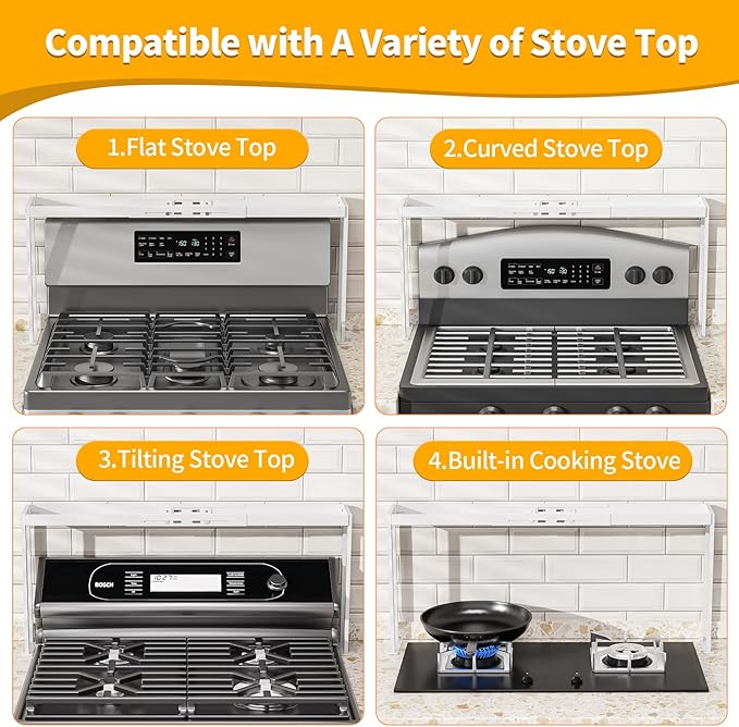 Stove Top Shelf for Curved Stove, Expand 27 to 33 Inch Spice Rack, 4 Level Adjustable Height Spice Shelf, Over the Stove Shelf for Back of Stove Spice Rack Organizer for Countertop, White