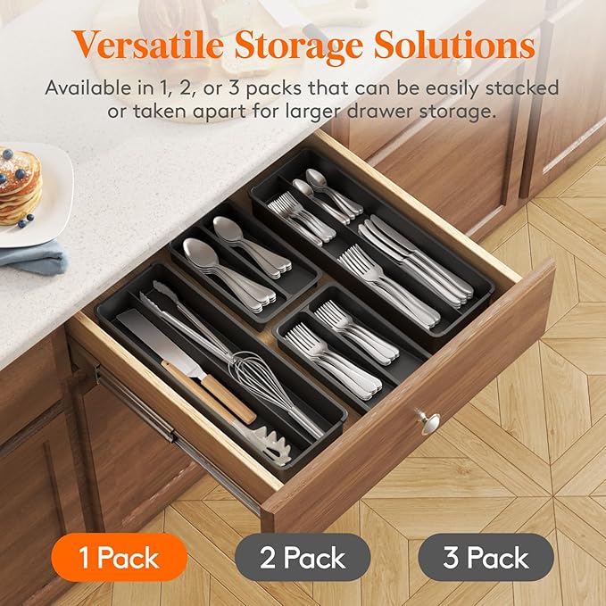 Lifewit Compact Silverware Organizer for Kitchen Drawer, Narrow Flatware Tray Holder, Plastic Cutlery Spoons, Forks and Knives Storage, Black, 1 Pack