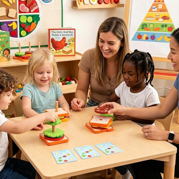 LovesTown Wooden Sandwich Stacking Toys, with Cards | for Toddlers, Montessori Toys, Role-Play, Preschool Learning, Screenless Play