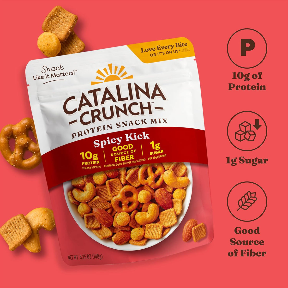 Catalina Crunch Protein Snack Mix - 10g Protein, 1g Sugar per Serving - Good Source of Fiber, Gluten Free - Spicy Kick, 5.25 Ounce Bag (Pack of 1) - Packaging May Vary