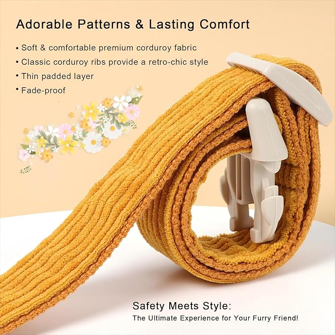 Cute Corduroy Dog Collar - Mustard Yellow Adjustable Dog Collars for Small Dogs 10-25lbs, Fade-Proof with Secure Snap & Little Charm, Christmas Birthday Gift, S