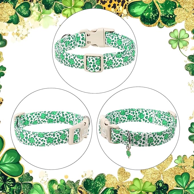 St Patricks Day Dog Collar for Small Dogs - Leopard Lucky Clover Dog Collars, Lightweight Adjustable Irish Green Festival Shamrock Dogs Collars with Quick Release Buckle S