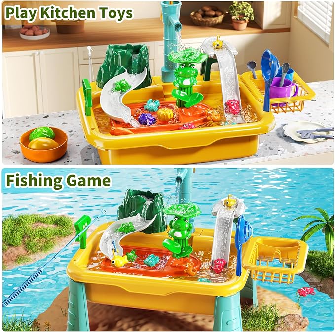 Kids Water Table Play Toy for Toddlers 4-8 Years Old | Kitchen Sink with Pump and Flowing Water, Fishing Games, Outside Sensory Gift Toys for Boys and Girls 3 4 5 6 7 8