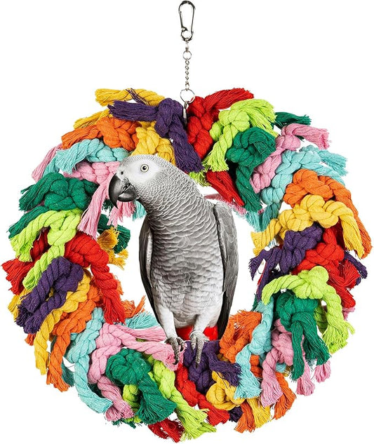 Parrot Swing for Large Birds - Colorful Cotton Rope Hanging Ring Toy for African Grey, Cockatoo, Conure, and Parakeet | Chewing, Exercise, Climbing, and Snuggling (Parrot Swing)