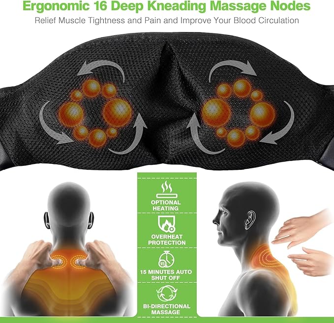 cotsoco Neck Massager, Shiatsu Shoulder Massager with Heat, Portable 3D Ergonomic Deep Tissue Shoulder and Back Massager for Pain Relief, Birthday and Christmas Gifts for Mom and Dad, Men and Women