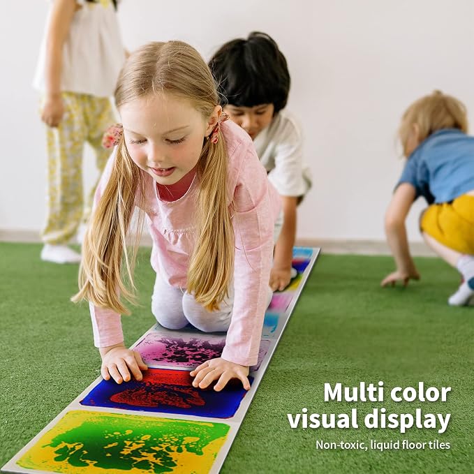LONGKING 12" X 12" Sensory Tiles for Activity Play Centers for Children, Sensory Floor Tiles, Liquid Floor Tiles, Autism Sensory Poducts, Blue-Red-Black | Sensory floor tiles, soft liquid gel, 12"x12", color movement play mat, playroom classroom daycare