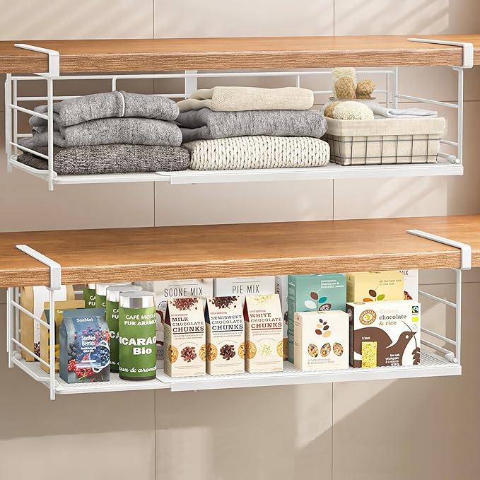 Expandable Under Cabinet Shelf, Extendable Under Shelf Storage with Removable Wire-Like Back for Pantry Cabinet, Laundry Room, Shoe Rack. (White, 2 Pack, Interior: 5" H x 10" D)