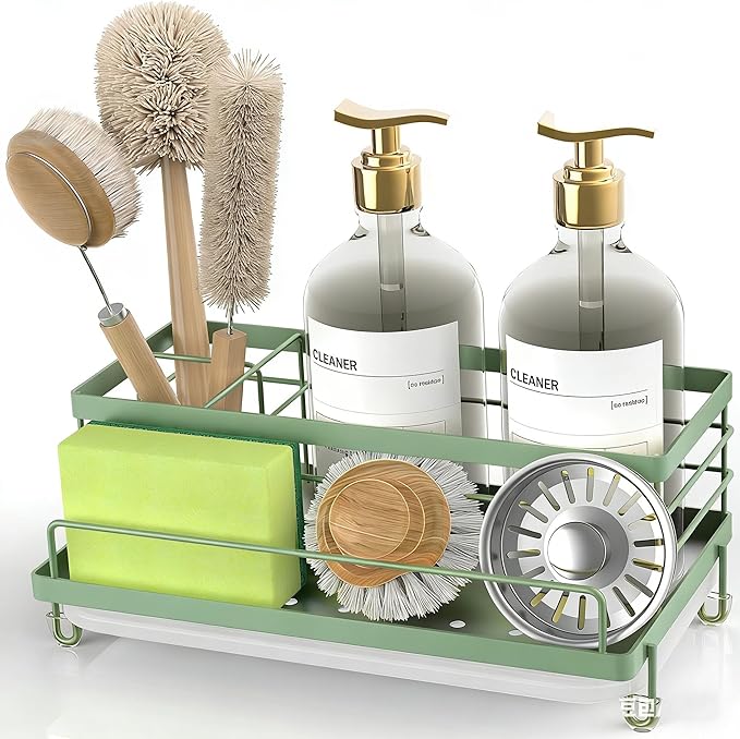 Cisily Sage Green Sponge Holder for Kitchen, Sink Caddy Sink Organizer Rack for Kitchen Accessories with Drip Tray, Rustproof and Non-slip, Soap Dispenser Countertop Organizer Essentials for New Home