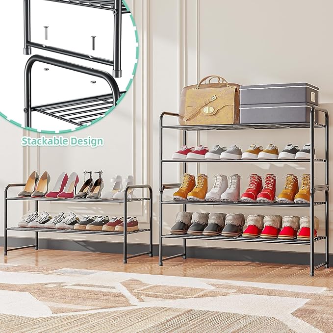 SUFAUY 2 Pack 2-Tier 33" Wide Shoe Rack, Shoe Shelf Storage Organizer for Entryway, Extra Large Capacity, Bedroom Footwear Organizer, Wire Grid, Black