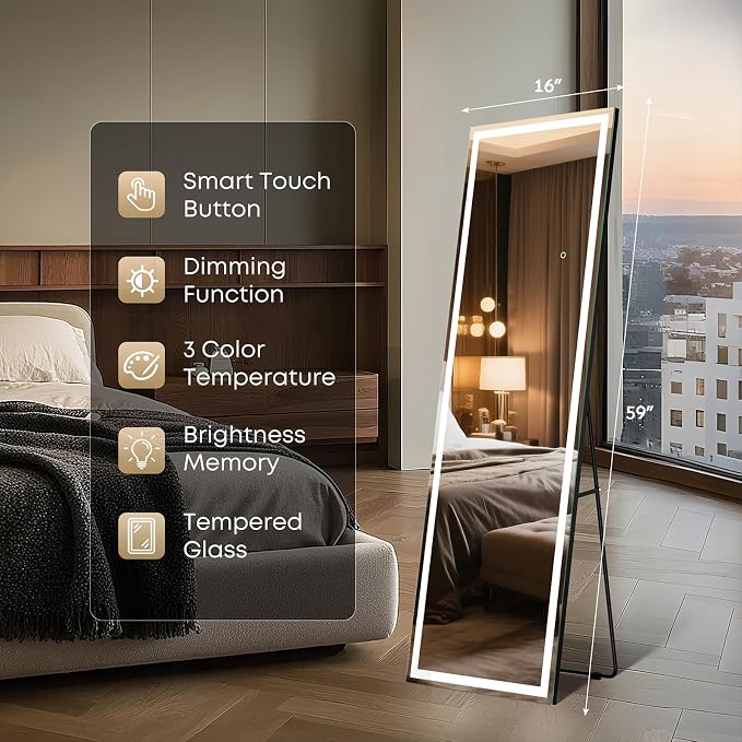 Kosmonia 59x16 Frameless Full Length Mirror, Dimmable 3 Color LED Light