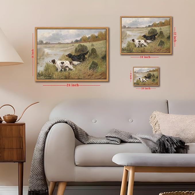 Floating Framed Vintage Hunting Dog Wall Art, Classic Countryside Landscape