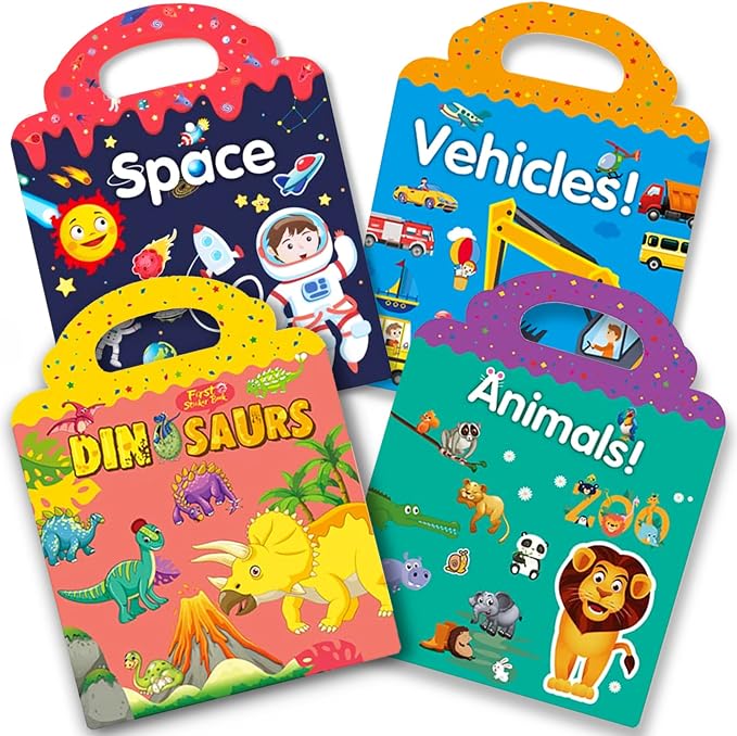 RUSON Reusable Sticker Book for Kids, 4 Sets Educational Learning Toys Travel Stickers Activity Books for Toddler Girls Boys Age 3+ Birthday Gifts - Vehicle, Space, Dinosaur & Animals